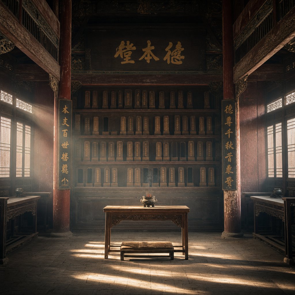 empty spaces among ancestral tablets in a clan hall representing surnames lost to time