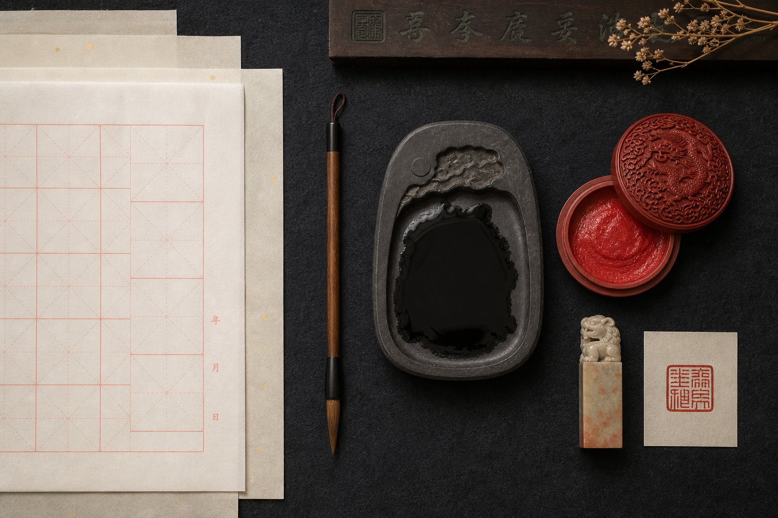 essential chinese painting signing tools including fine tip brush ink stone cinnabar seal paste and carved seal stone