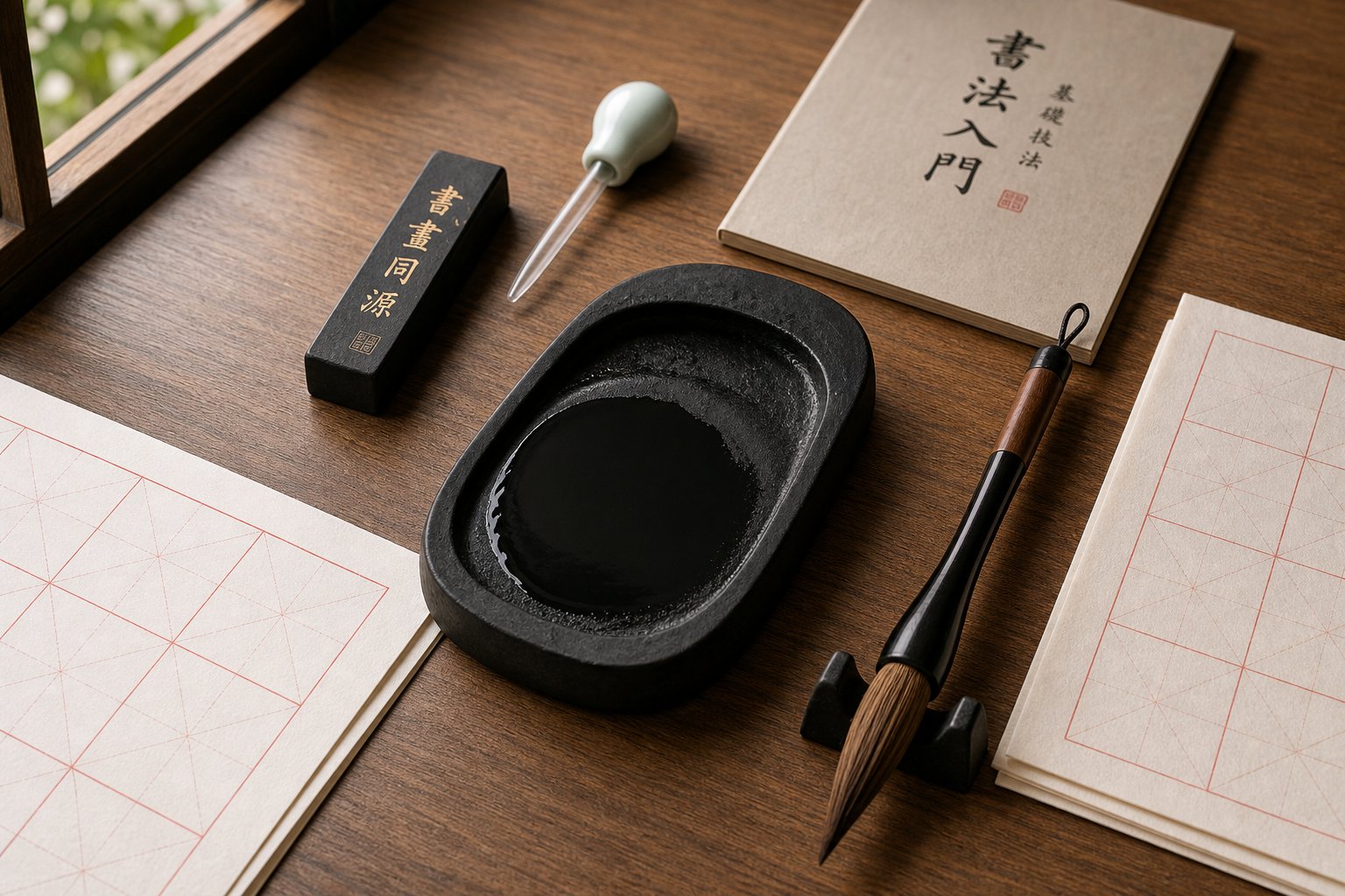 essential seal script calligraphy materials including stiff brush inkstone grid paper and ink stick