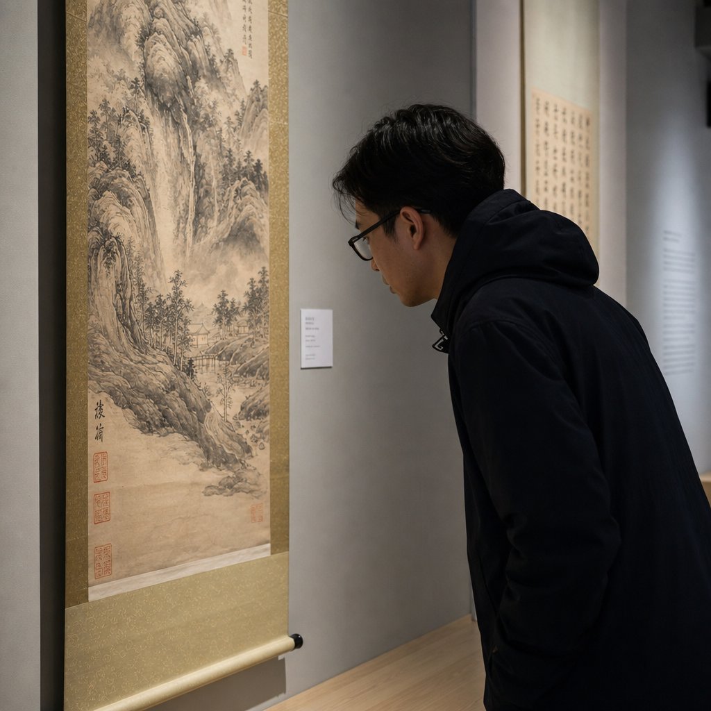 examining seal impressions on a chinese scroll painting in a museum gallery setting