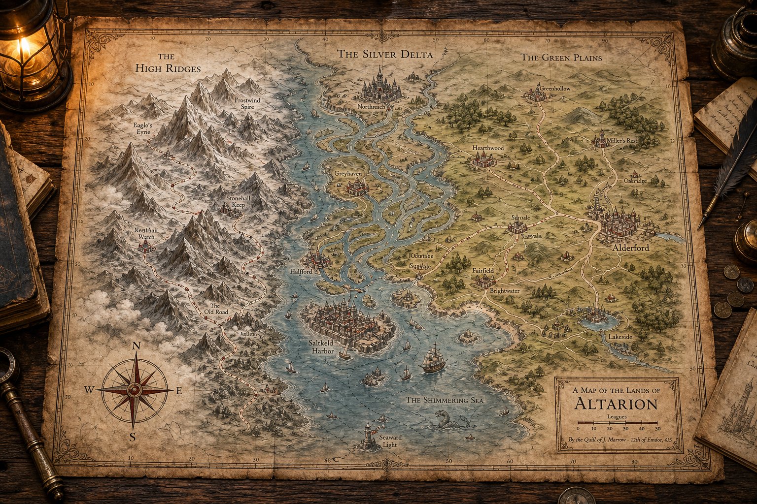 fantasy map showing mountain river and coastal regions where different city name types apply