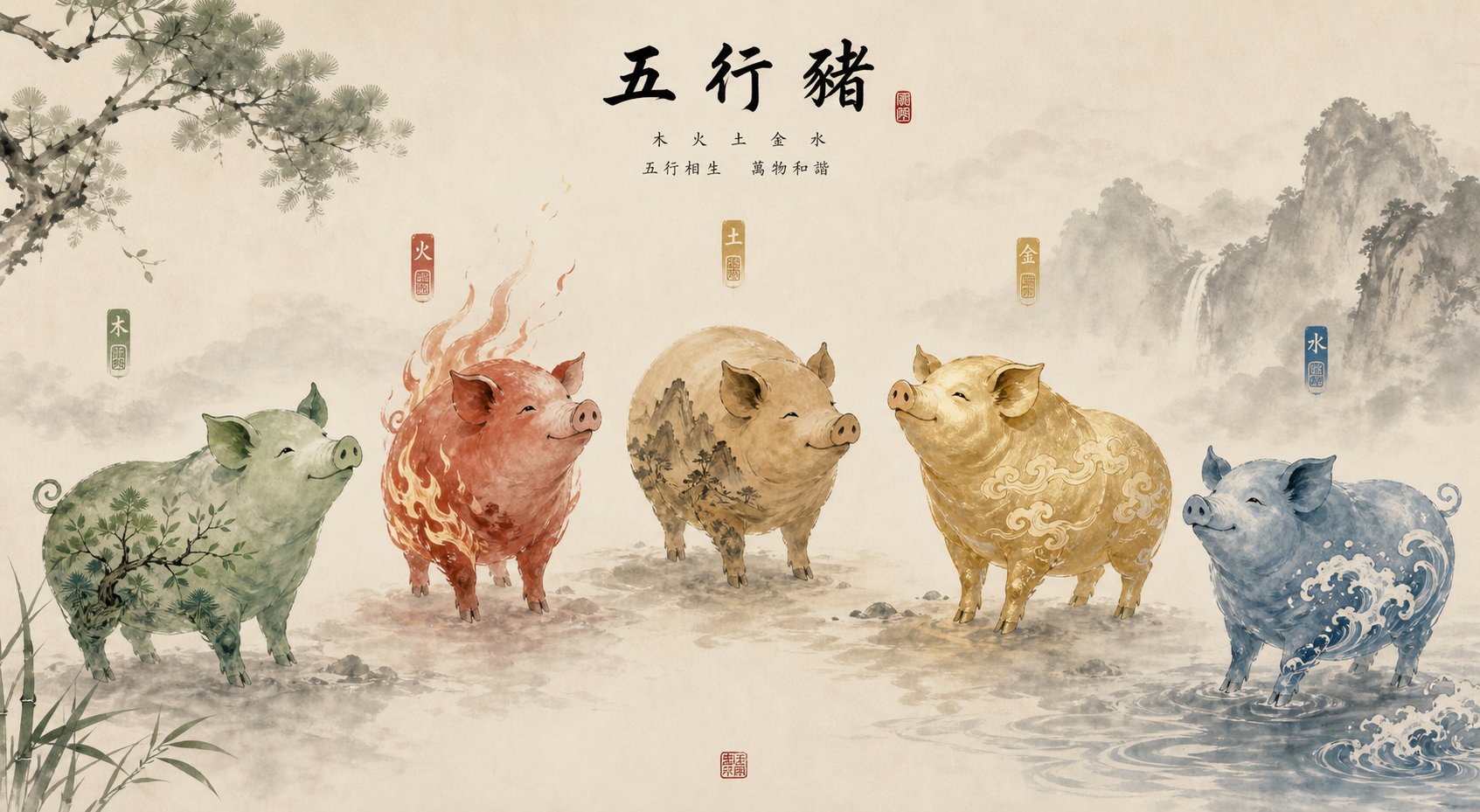 five elemental variations of the pig zodiac sign representing wood fire earth metal and water pig years