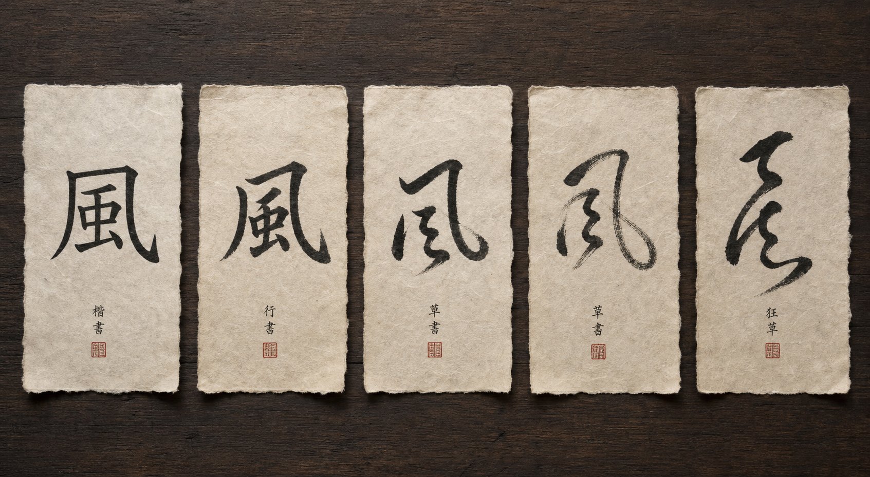 five major chinese calligraphy script styles displayed from structured regular script to flowing cursive