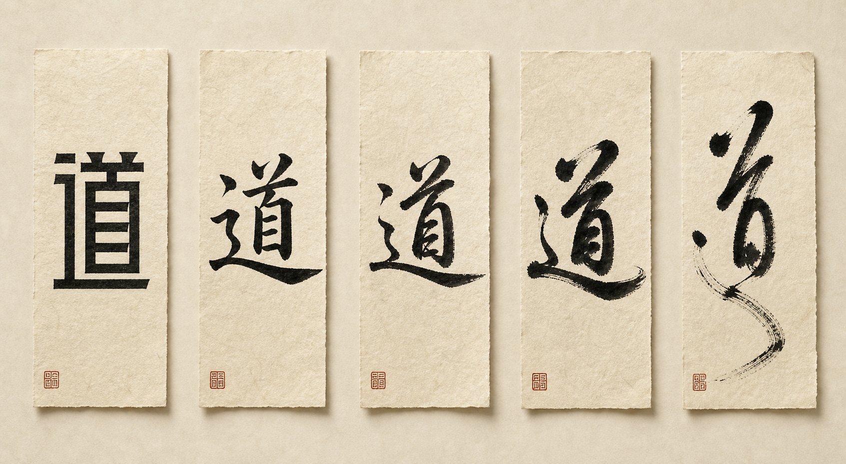 five major chinese calligraphy script styles showing the range from formal seal script to expressive cursive