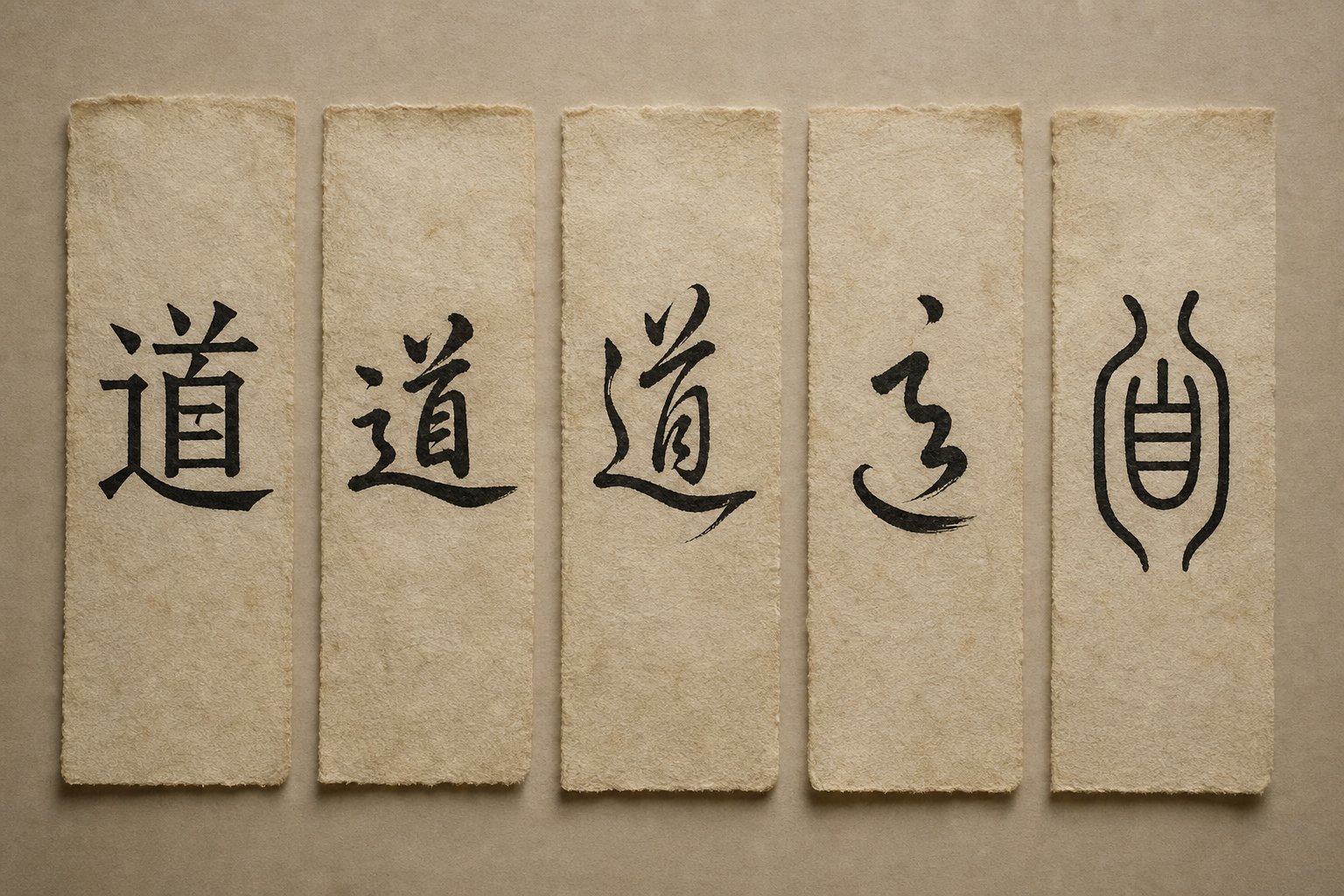 five major chinese calligraphy styles showing how the same character transforms from structured to expressive