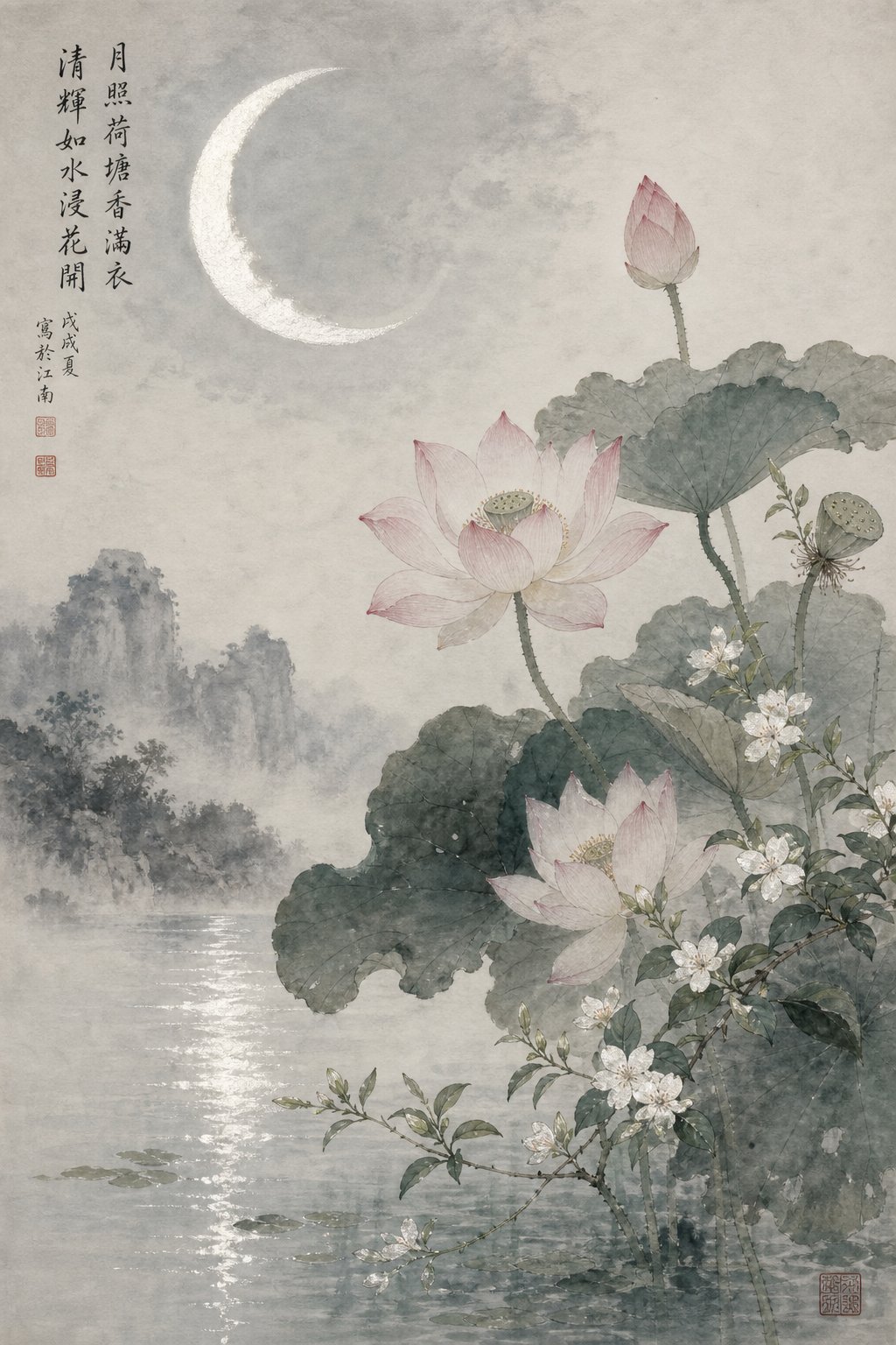 flowers and moonlight representing nature inspired characters with auspicious snake year radicals