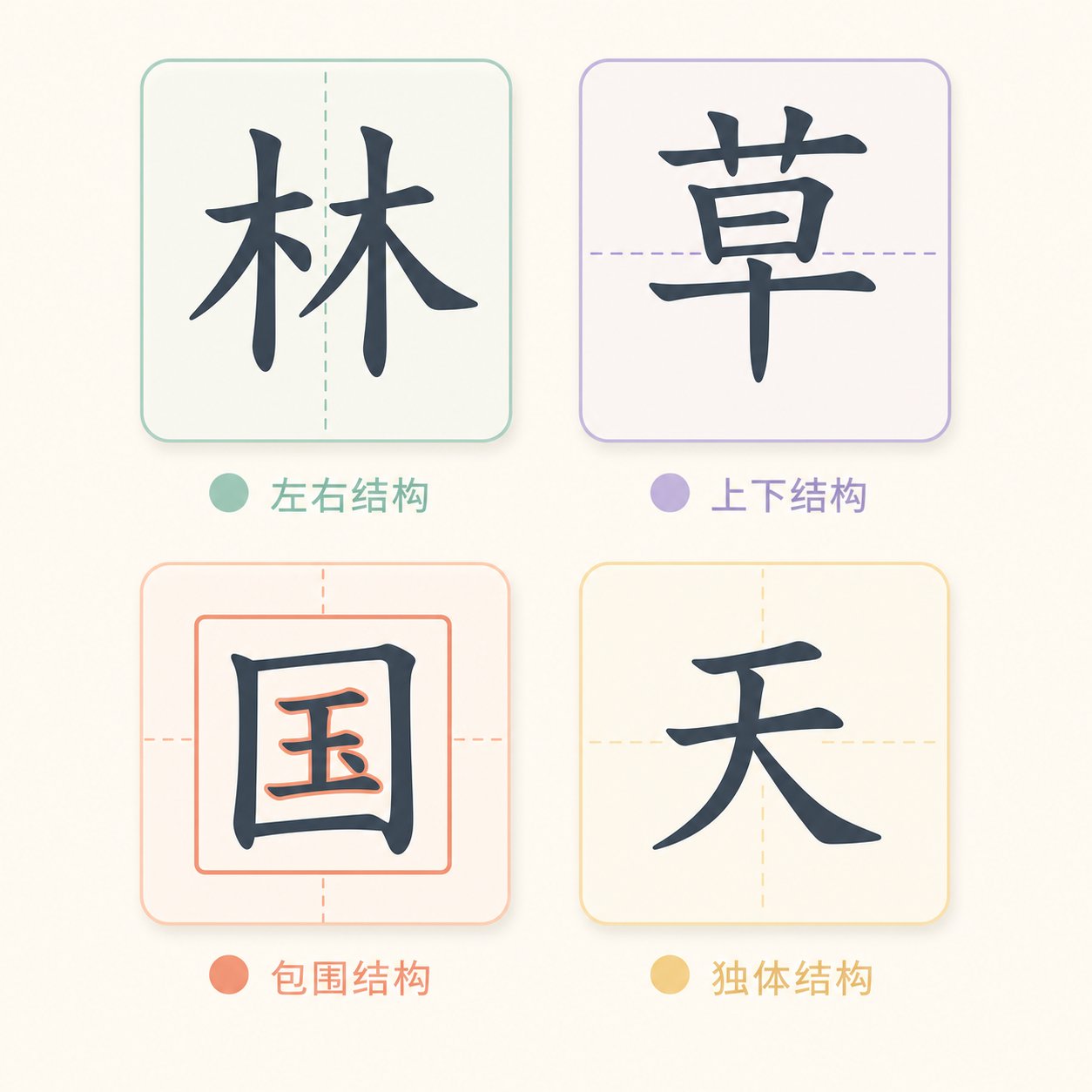 four main structural types of chinese characters showing how components are arranged