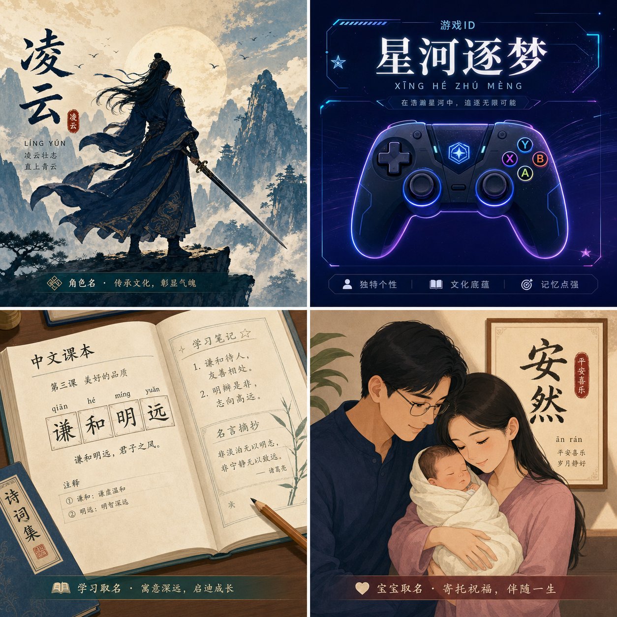four scenes representing chinese name use cases fiction writing gaming language learning and family naming