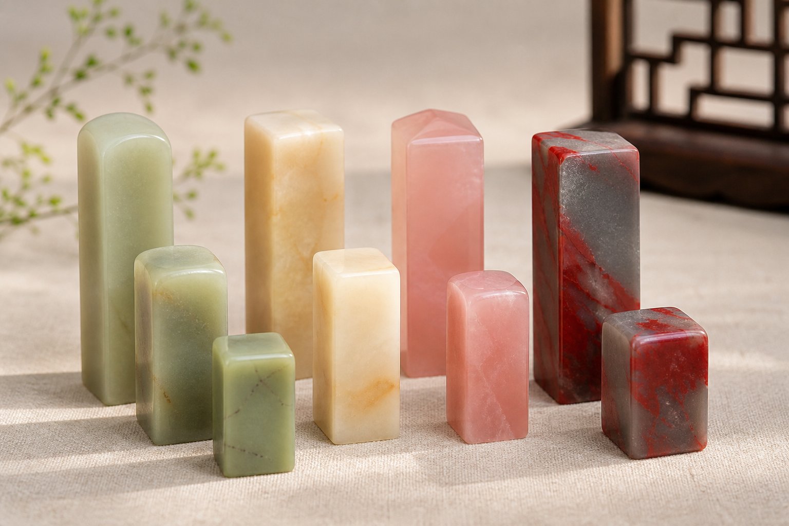 four traditional chinese seal stone varieties showing their distinctive natural colors and translucent qualities