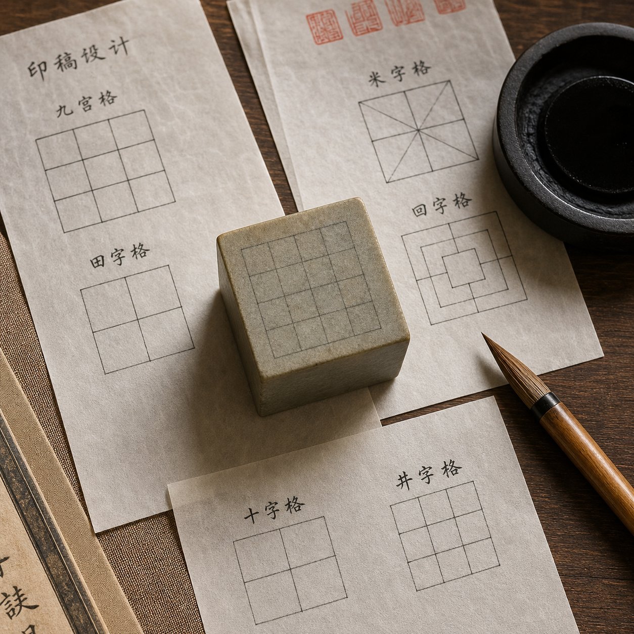 grid based layout planning on a seal stone face with reference sketches for character composition