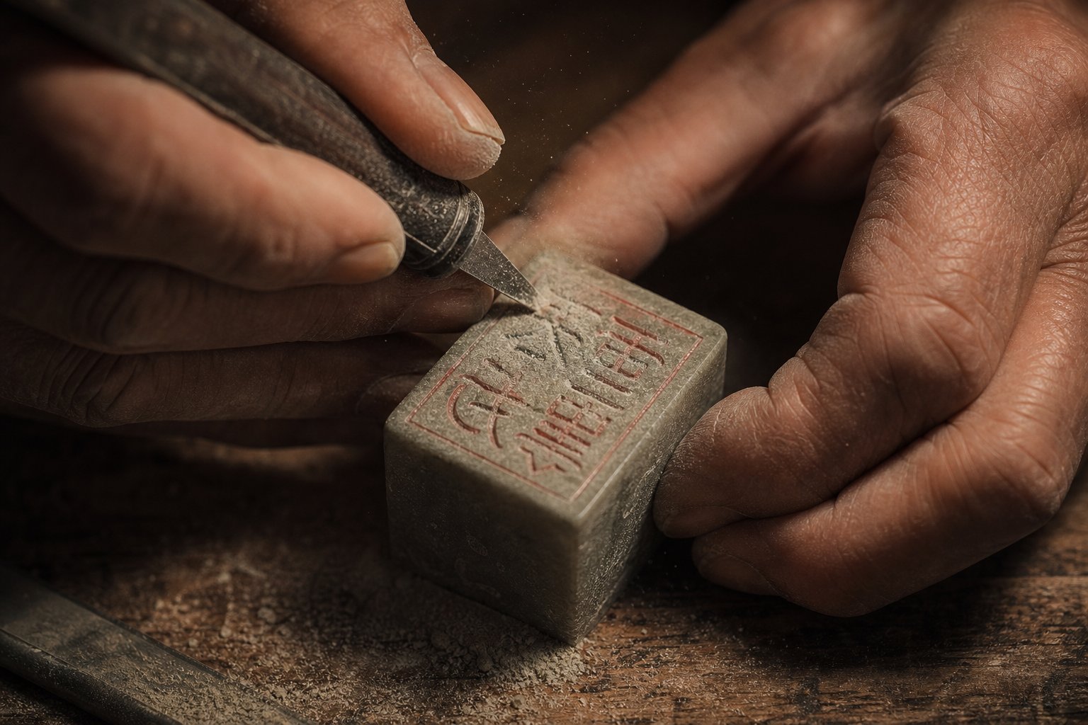 hand carving a chinese seal stone using traditional knife techniques