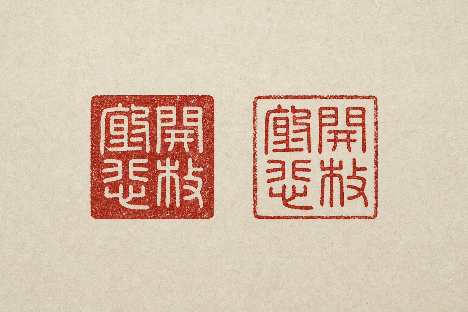 intaglio (white characters) and relief (red characters) carving styles produce distinctly different seal impressions