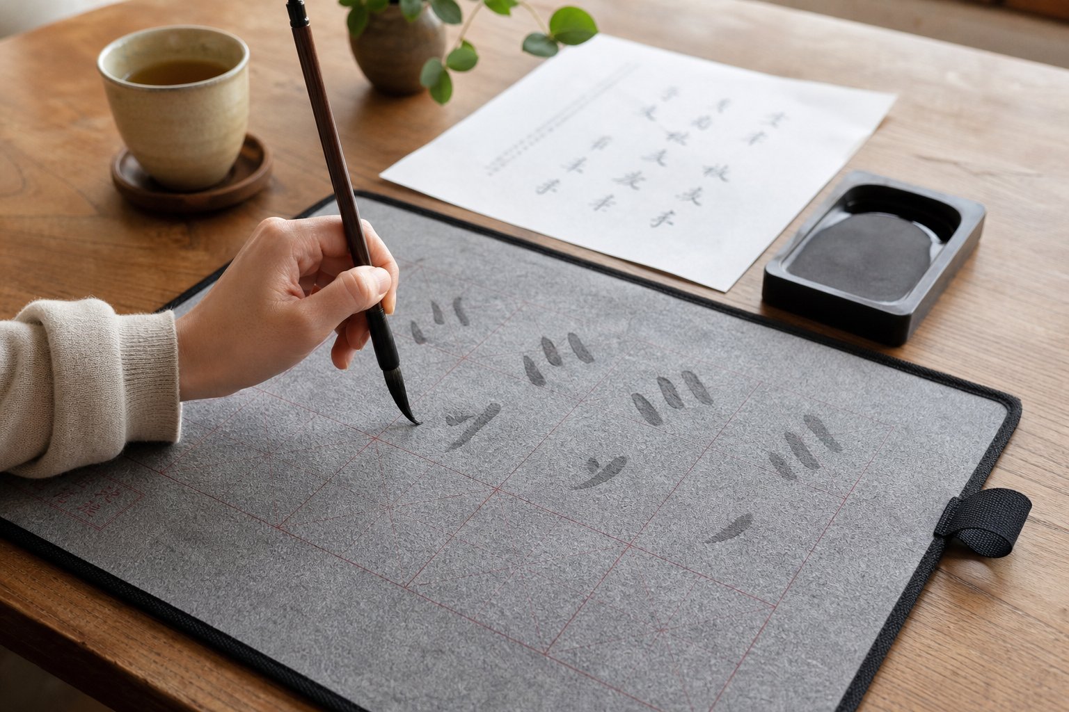 left handed calligraphy practice session using water writing cloth with grid lines for daily stroke repetition