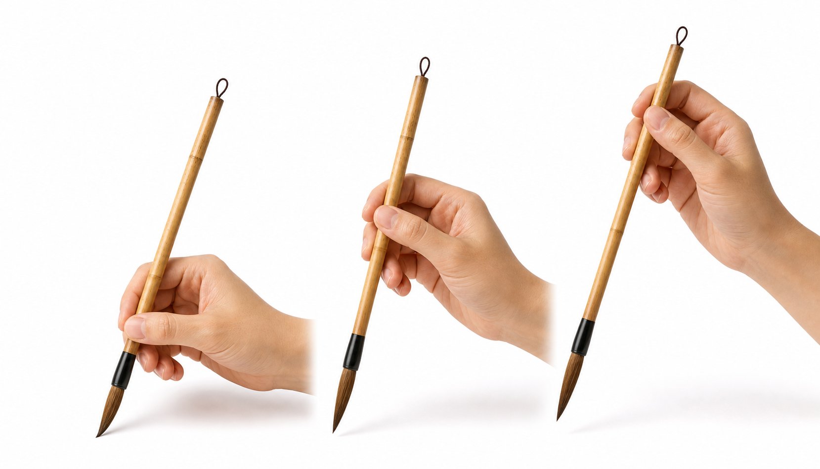 low middle and high grip positions on the brush shaft for different character sizes