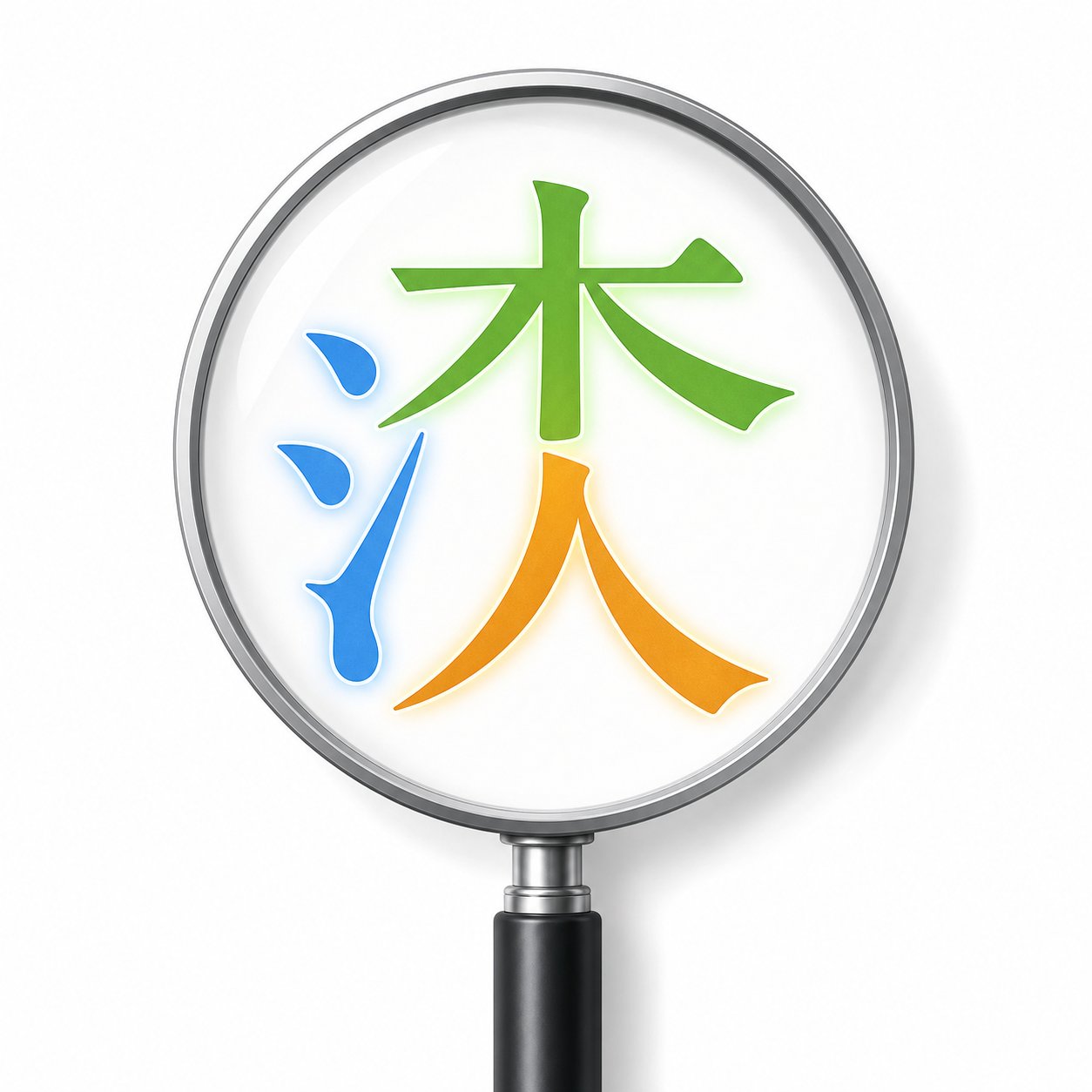 magnifying glass revealing the hidden radical components within a chinese character illustrating how to evaluate character meanings