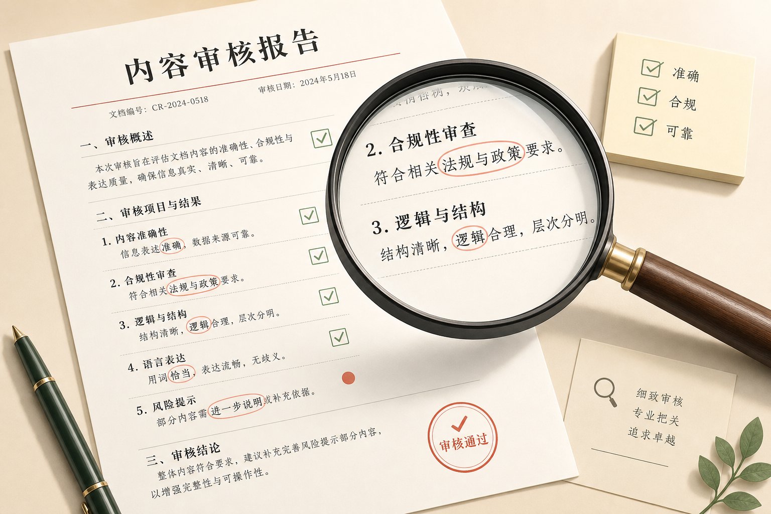 magnifying glass reviewing chinese name characters with validation checkmarks on paper