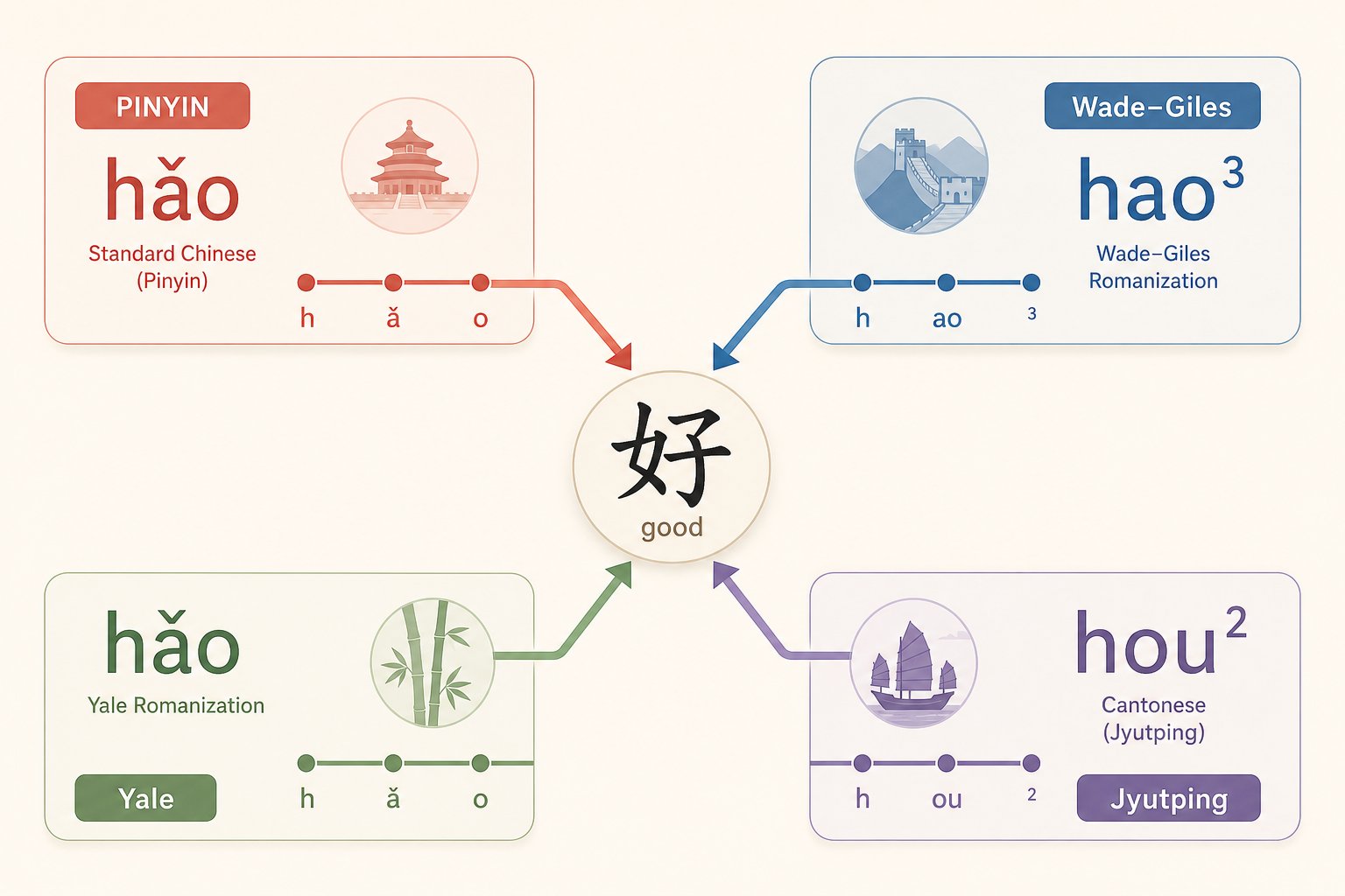 multiple romanization systems represent the same chinese sounds with different letter combinations