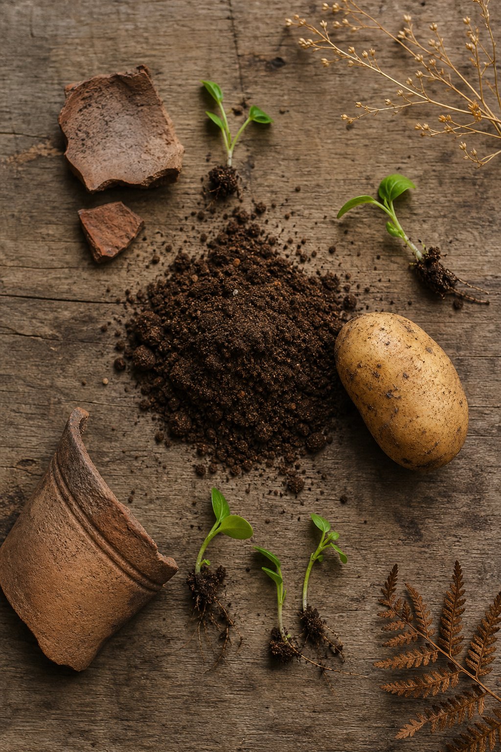 natural earth elements representing the diverse meanings of 土 compounds from soil and clay to potatoes
