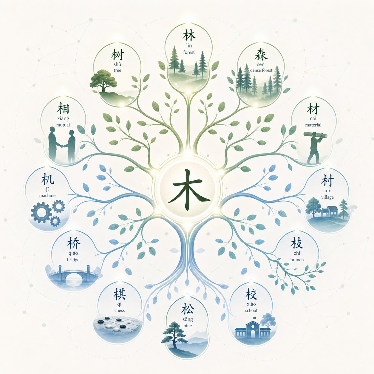 one radical connecting to dozens of characters in a radical family network