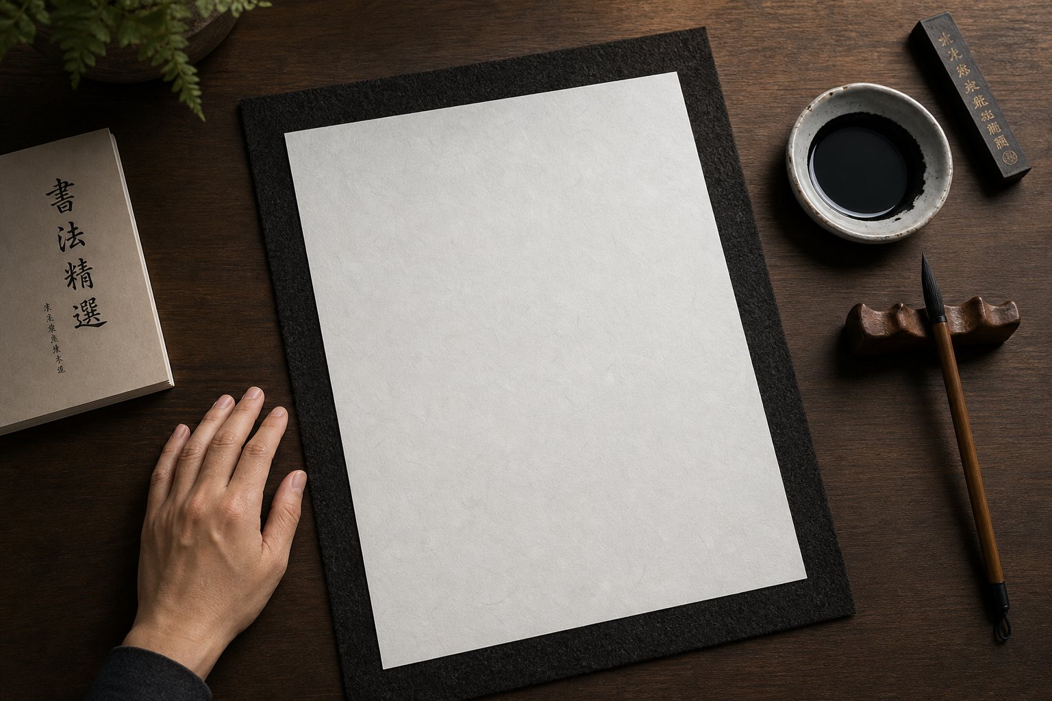 overhead view of an optimized left handed calligraphy workspace with paper rotated clockwise and supplies positioned for easy access