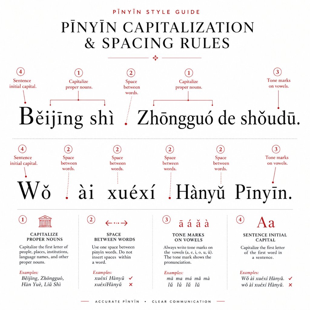 pinyin formatting rules showing correct capitalization and spacing for professional email signatures