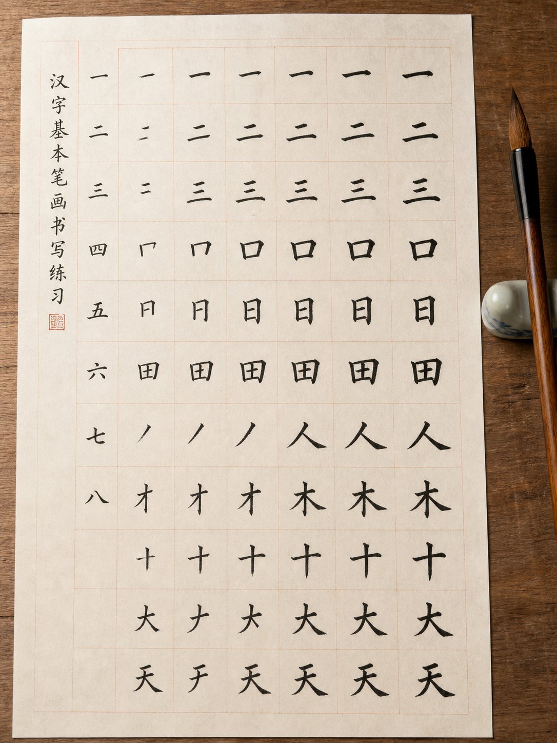 practice progression from simple one stroke characters to multi stroke forms on gridded paper