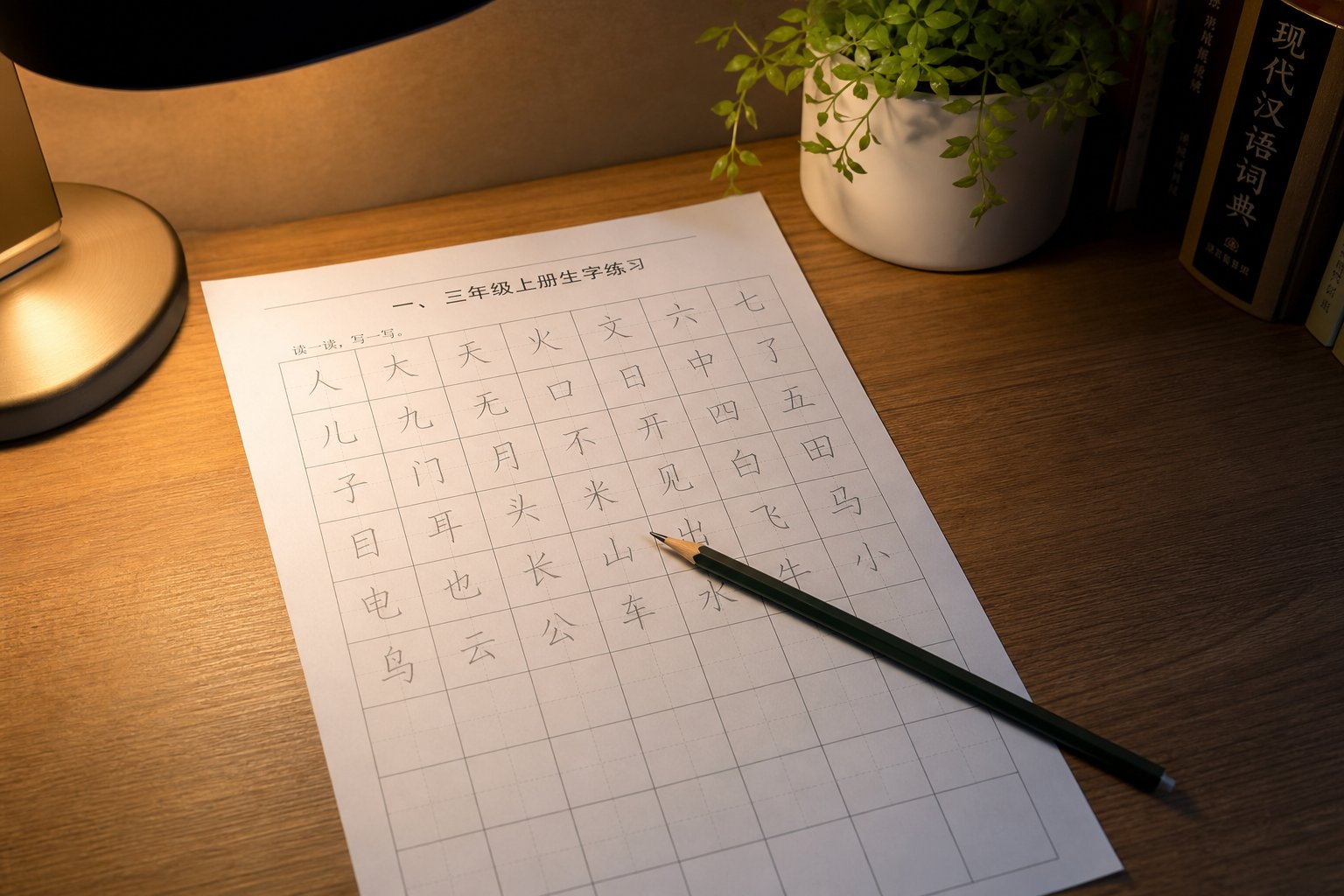 practicing chinese character stroke order on a grid worksheet to build lasting muscle memory