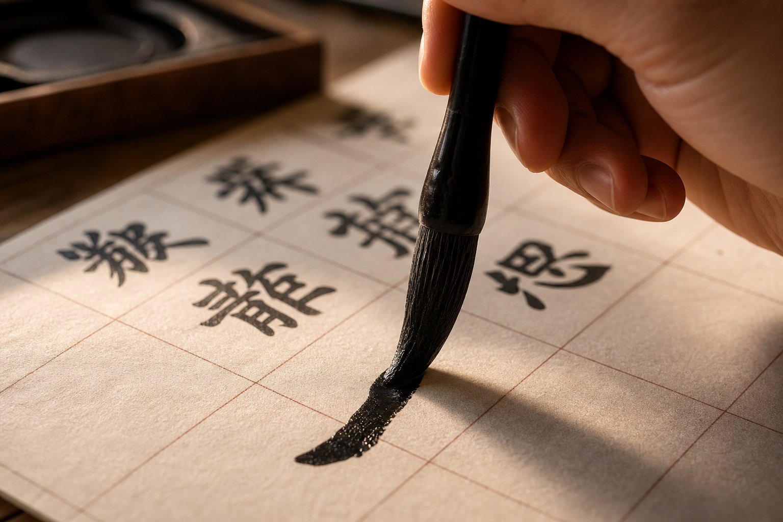 practicing chinese character stroke order on gridded paper with proper vertical brush technique