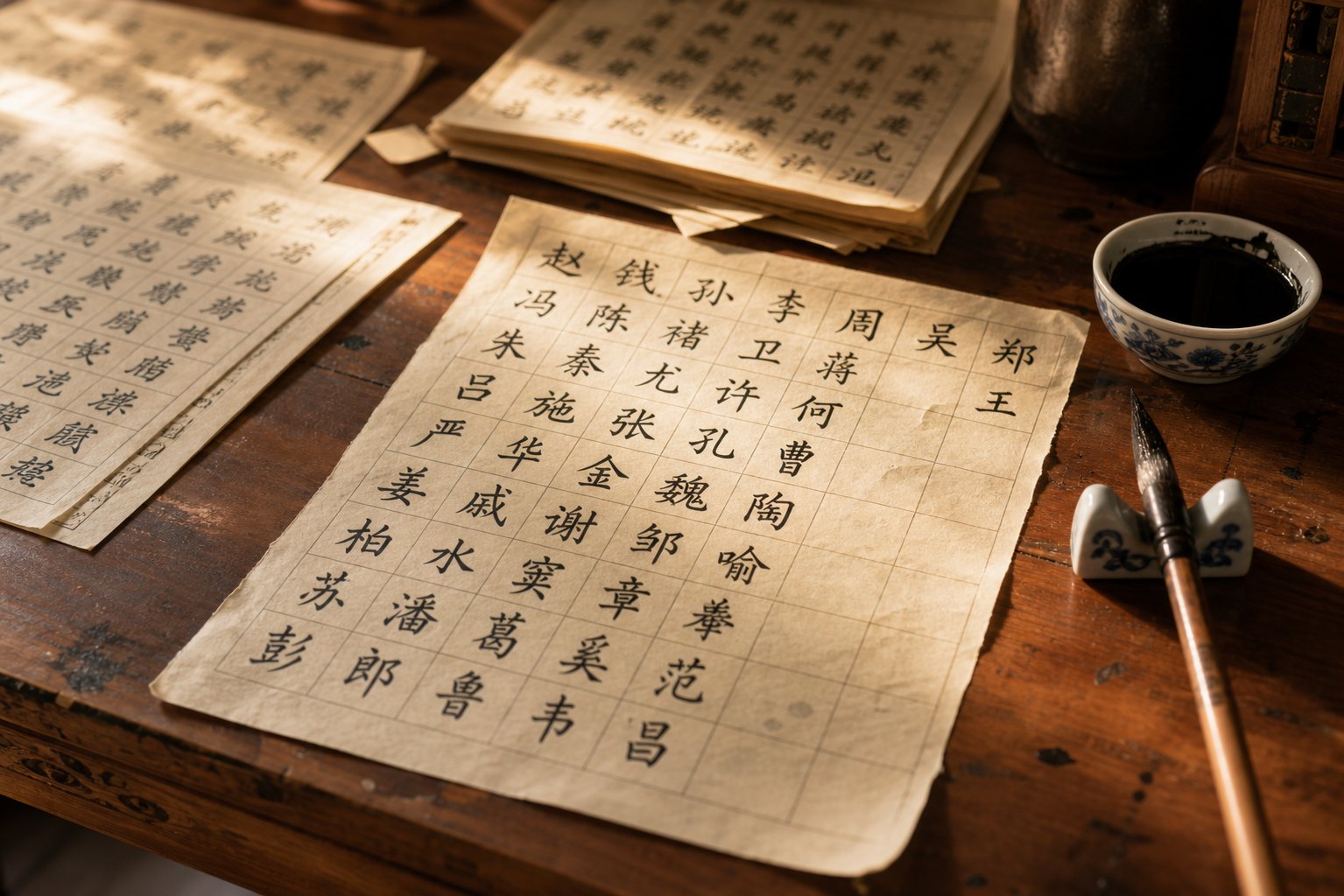 practicing common chinese surname characters on traditional grid paper