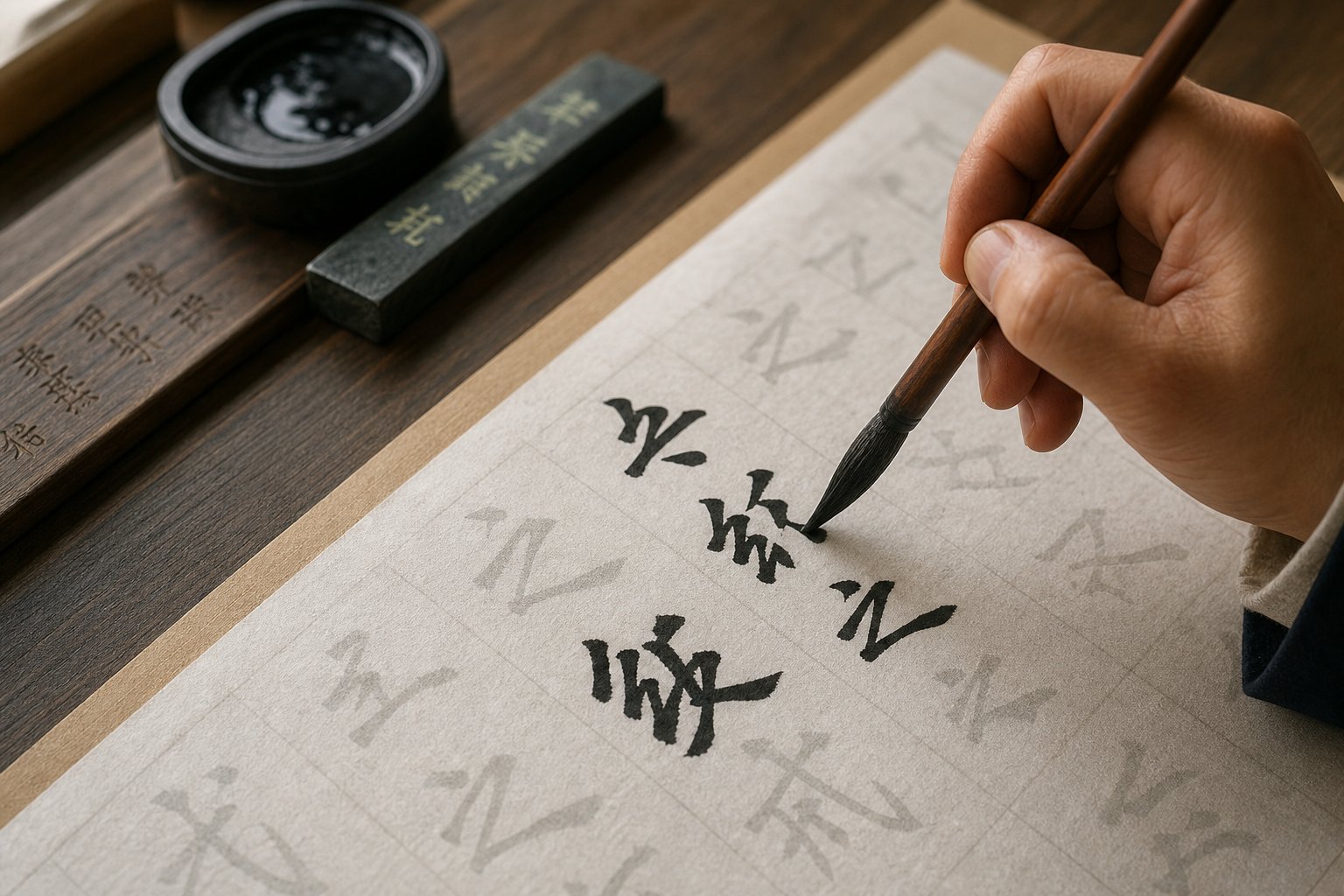 practicing fire radical stroke order with brush and ink on rice paper