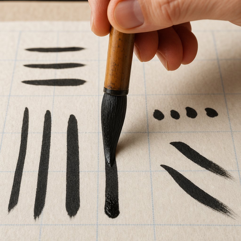 practicing fundamental brush strokes on gridded rice paper to build proper technique and control