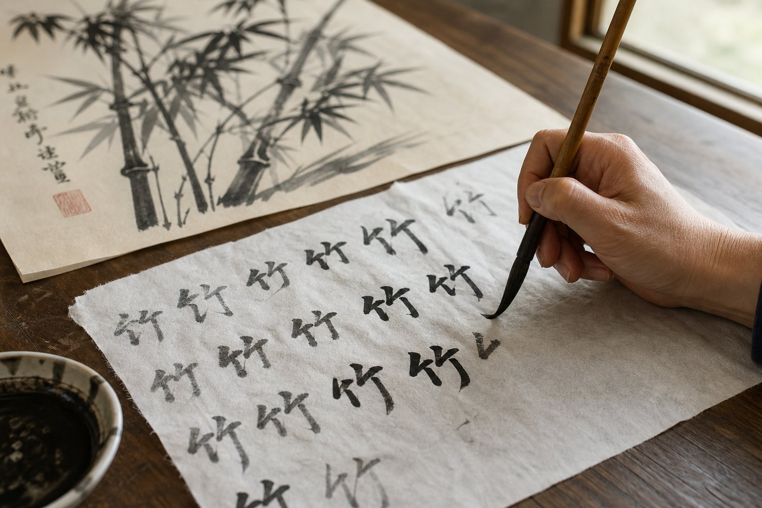 practicing signature characters on scrap paper before committing to the finished chinese painting