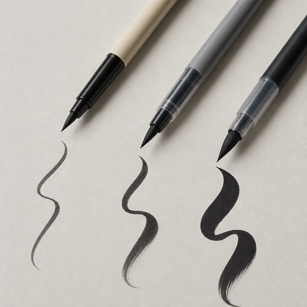 progression from hard nylon tip to soft brush pen showing increasing stroke variation at each stage