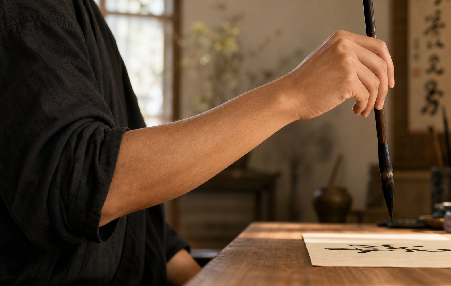 proper arm alignment showing the suspended wrist and relaxed shoulder position for fluid brushwork