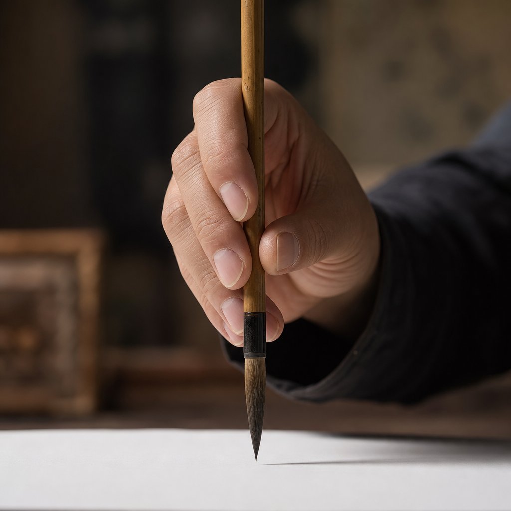 proper brush grip technique showing the vertical hold essential for controlled chinese calligraphy strokes