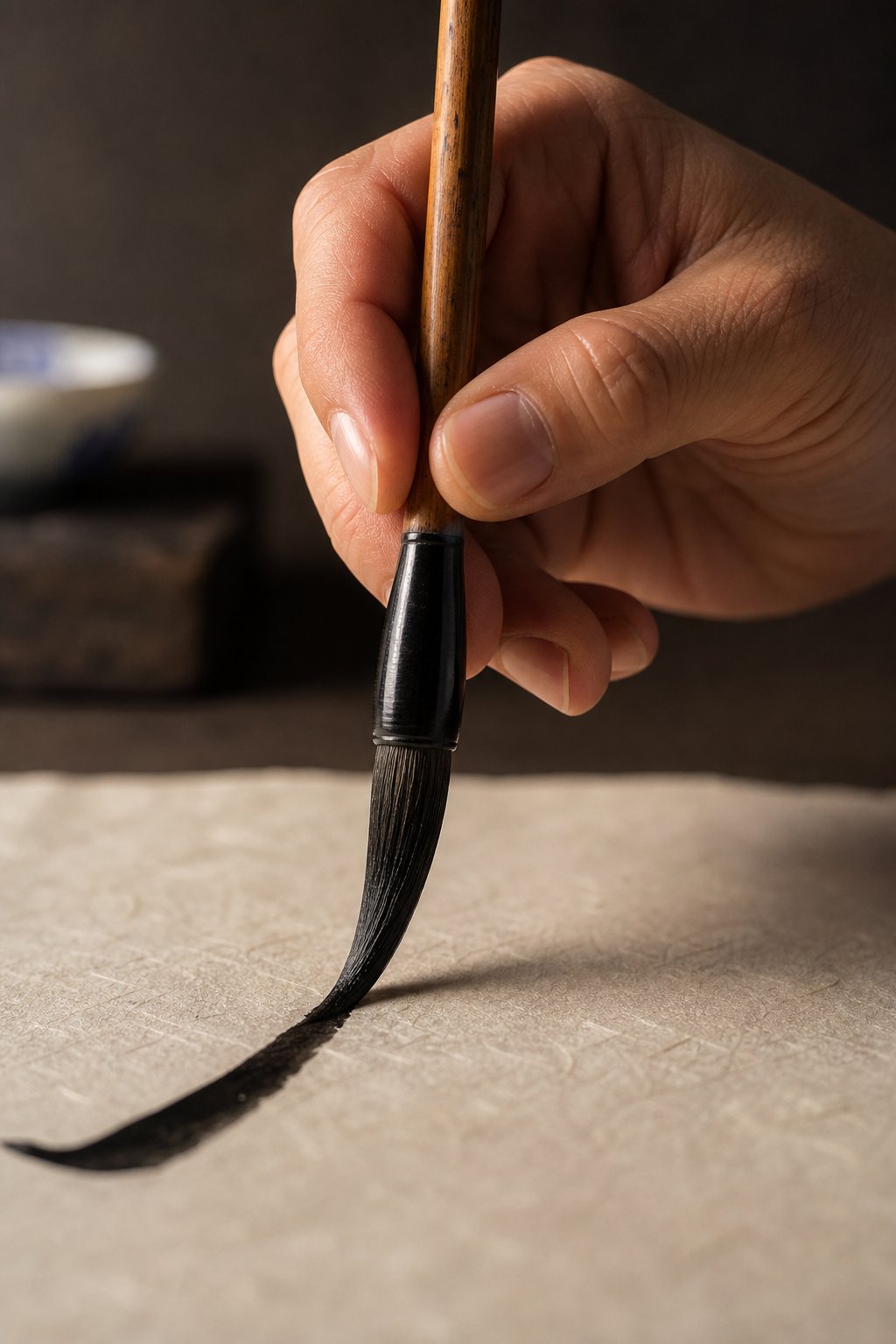 proper vertical brush hold demonstrating center tip technique for controlled calligraphy strokes