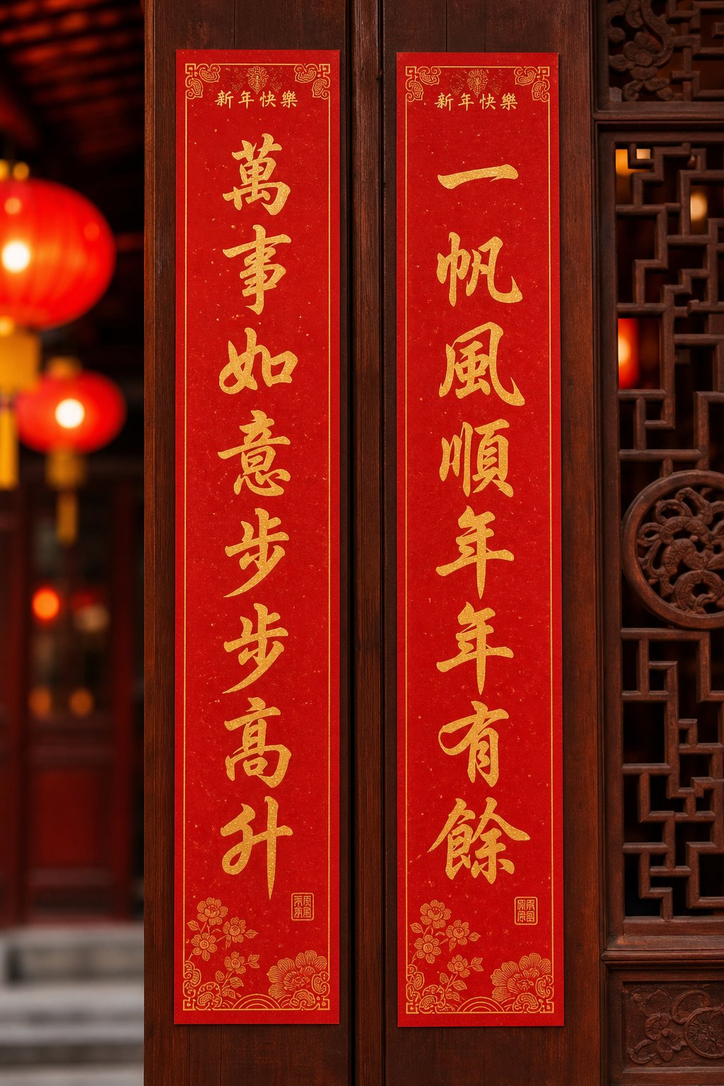 red paper couplets with golden calligraphy blessings for monkey year celebrations