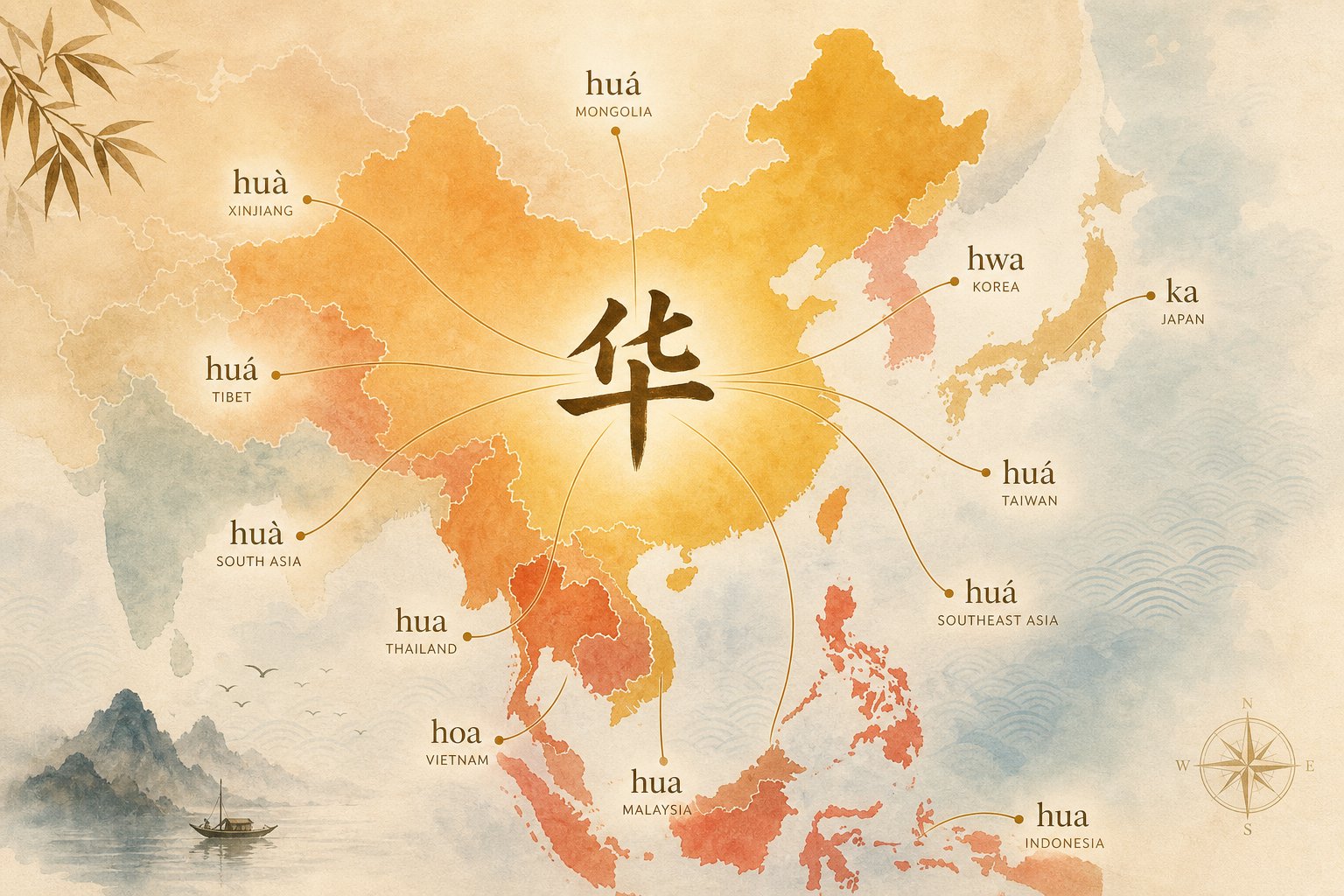 regional map showing how the same chinese character produces different romanized spellings across asia