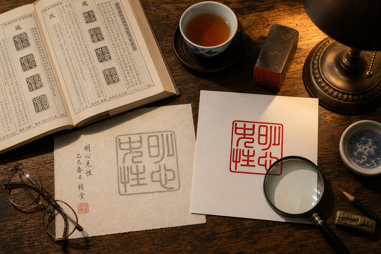 reviewing a completed seal design against reference materials before committing to carving