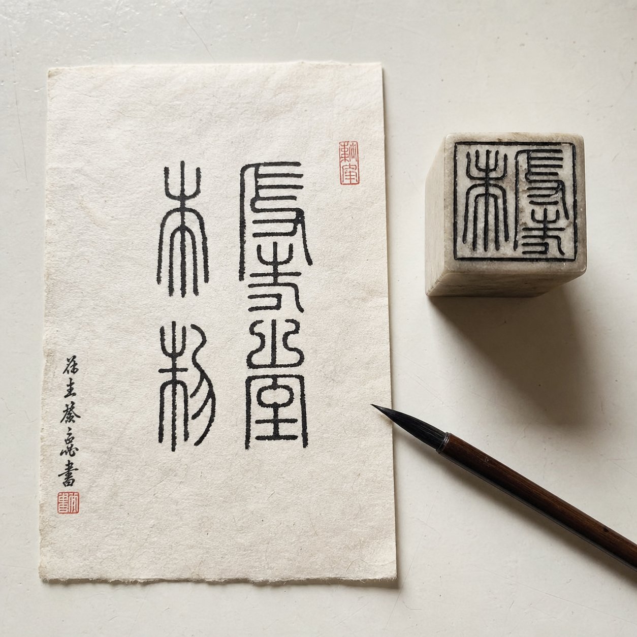 seal composition design process showing brush written seal script characters being prepared for transfer onto stone