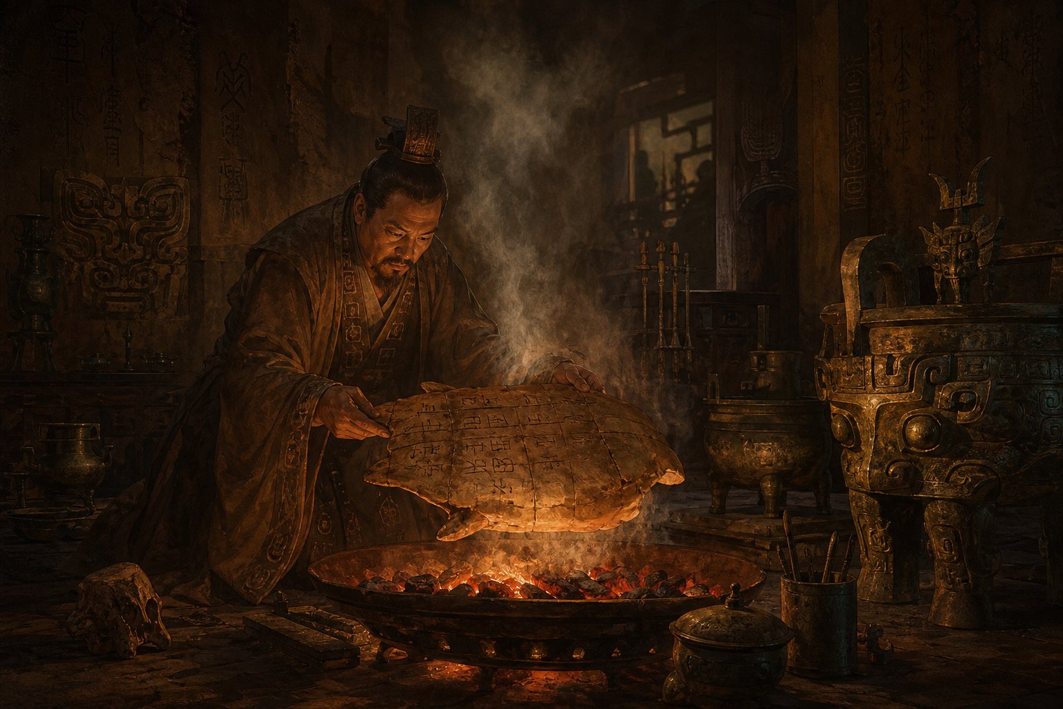 shang dynasty diviners heated turtle shells to produce cracks that were interpreted as messages from ancestral spirits
