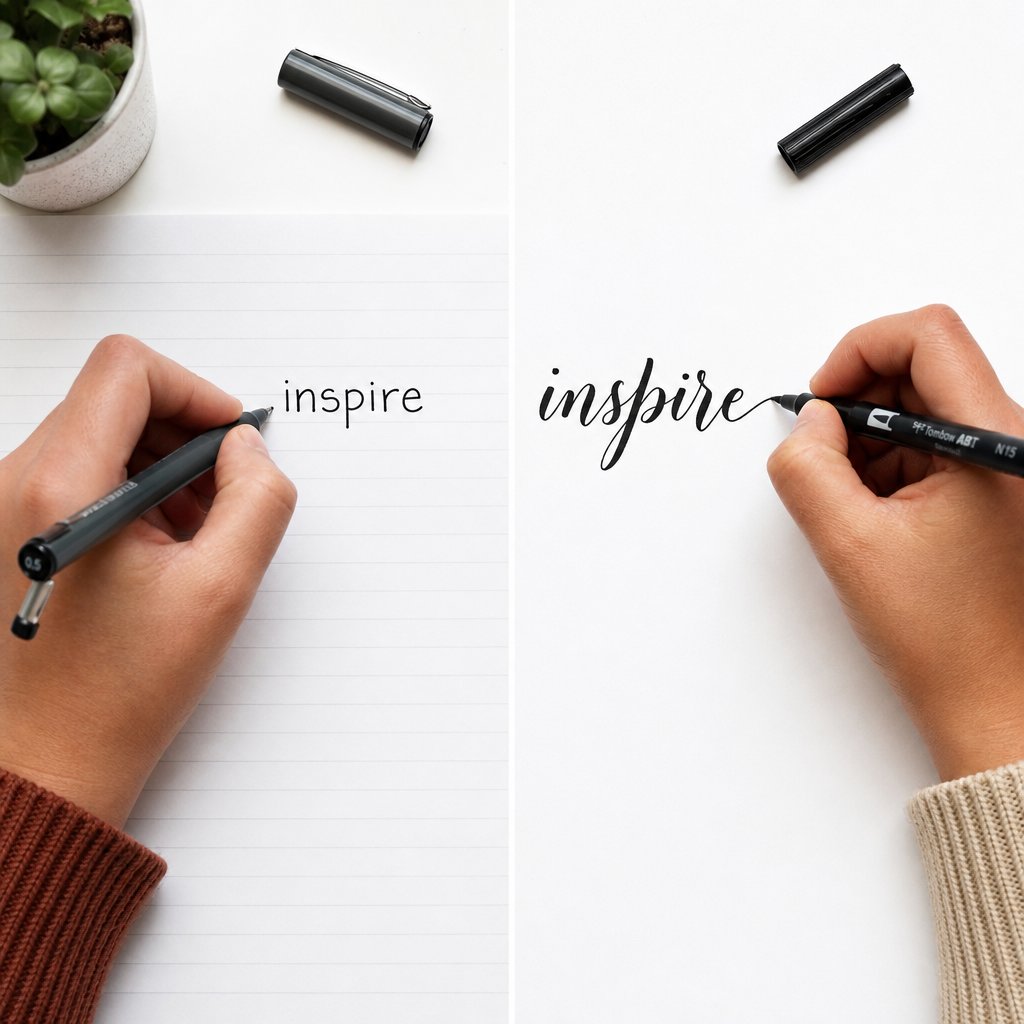 side by side comparison of the same letterforms written with a hard pen versus a brush pen
