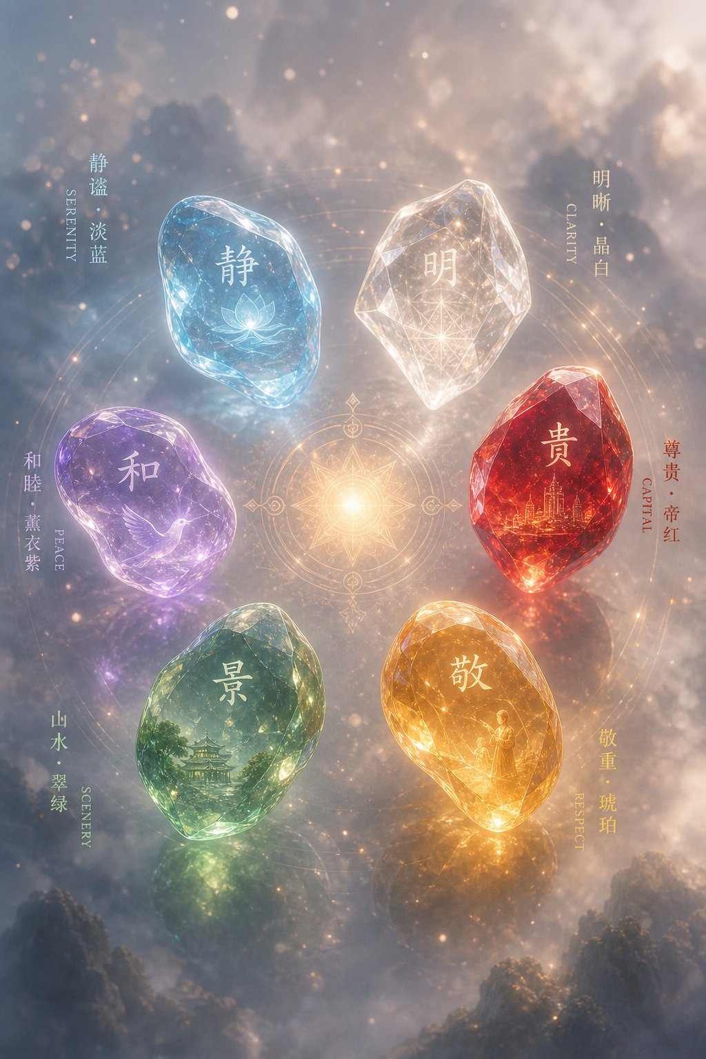 six distinct character meanings unite under the single pinyin syllable jing across genders and generations
