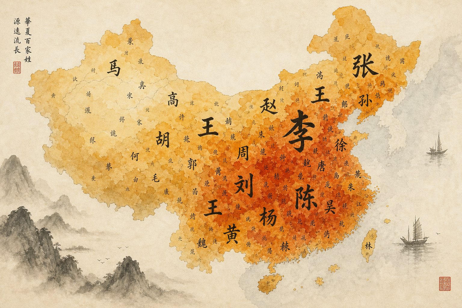 stylized map of china showing the regional distribution of common chinese surnames in calligraphy
