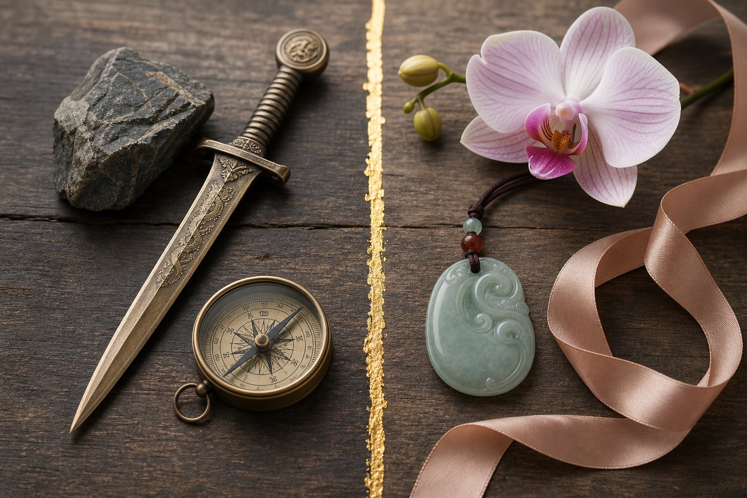 symbolic objects representing the traditional contrast between strength coded names for sons and grace coded names for daughters in chinese culture