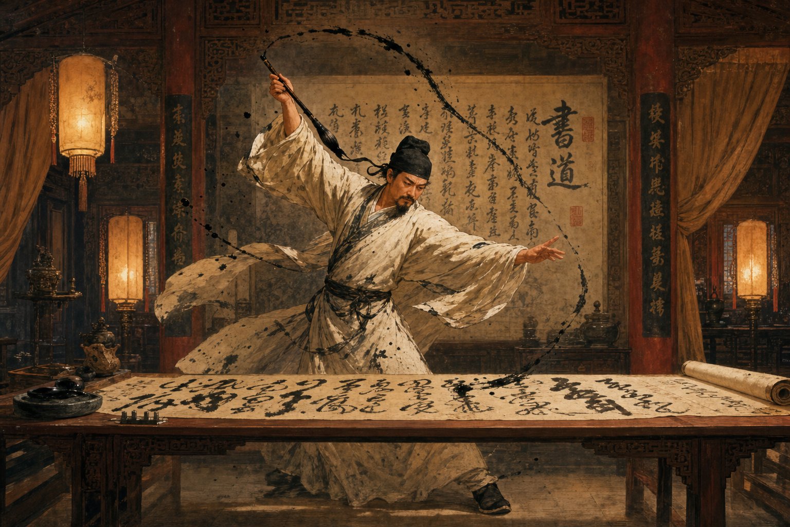 tang dynasty wild cursive masters like zhang xu and huaisu treated calligraphy as physical performance art