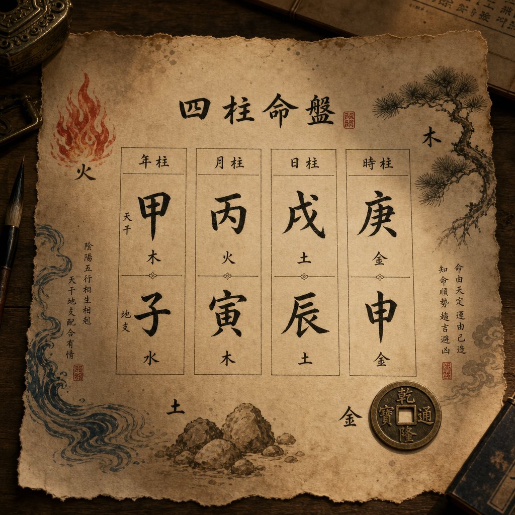the bazi four pillars chart maps a child's elemental composition from birth year month day and hour