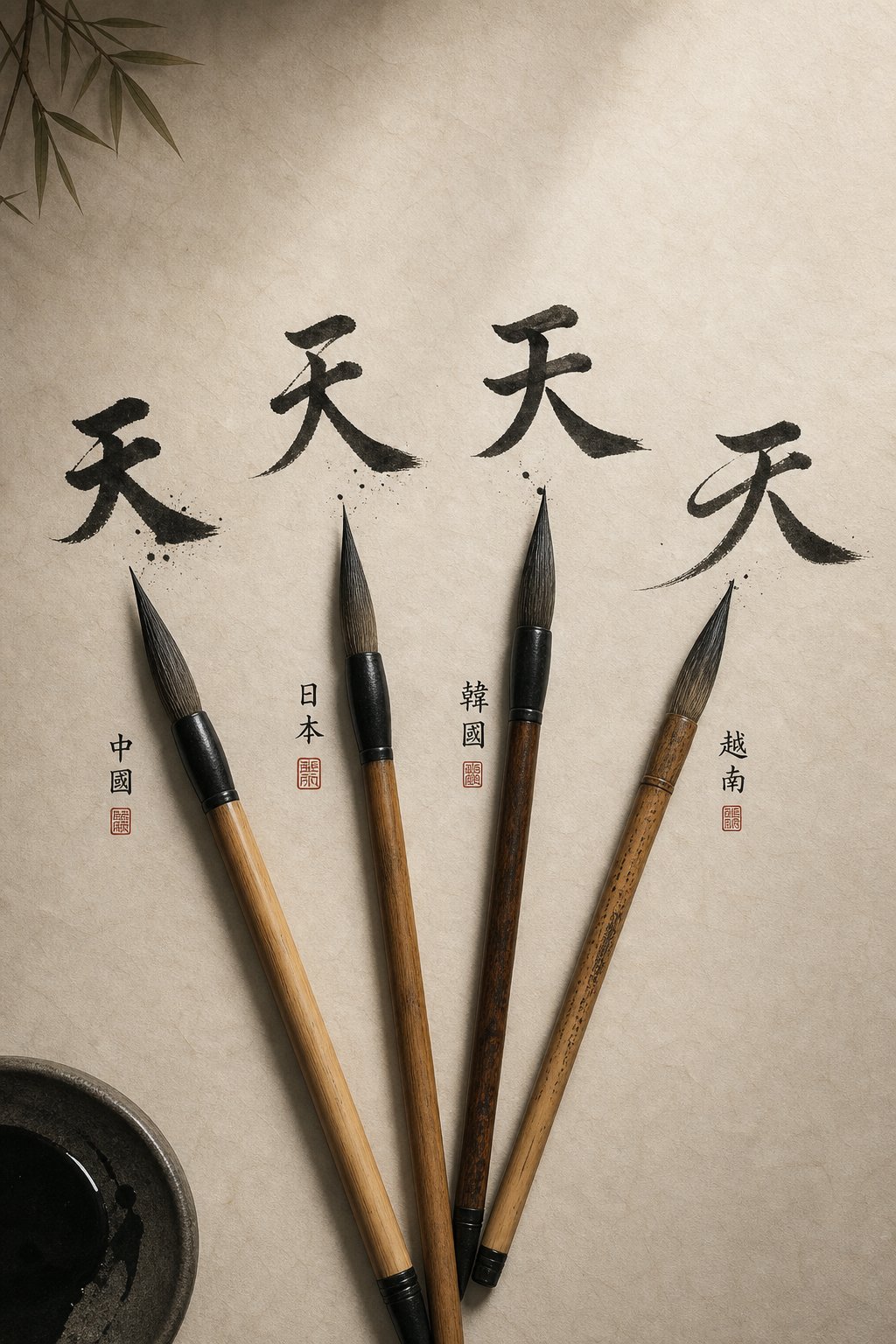 the character 天 written across four east asian calligraphic traditions sharing one symbol