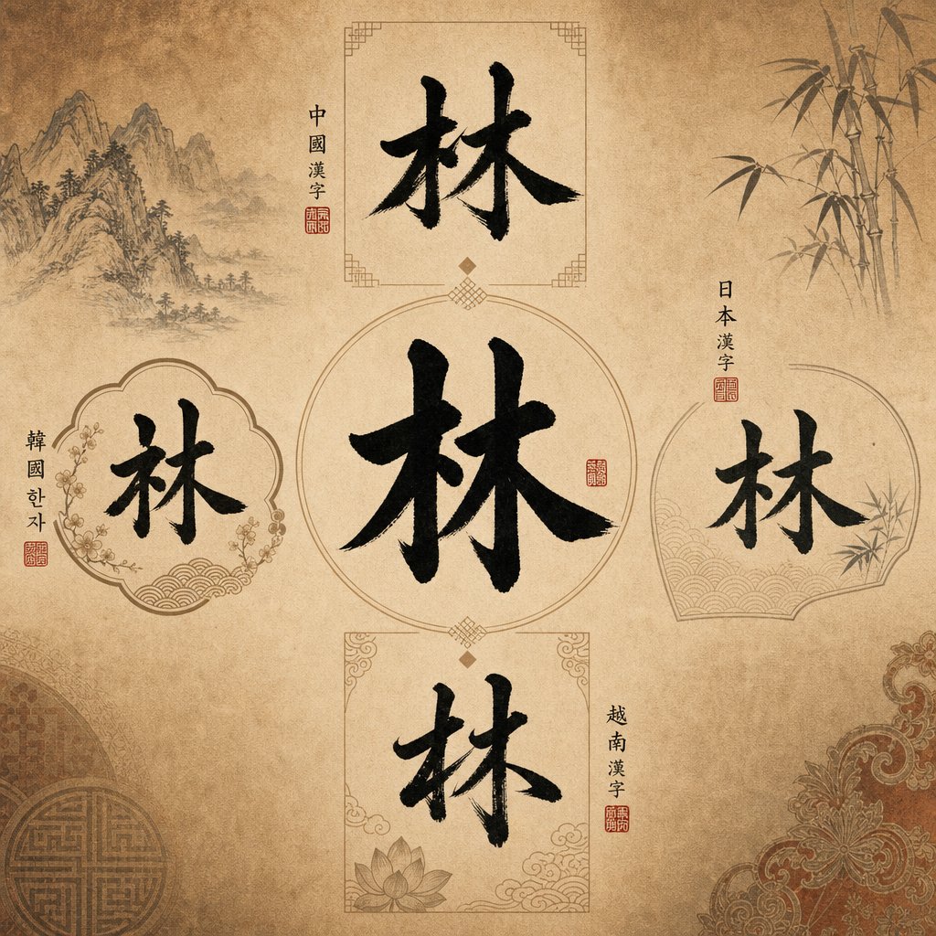 the character 林 functions as a surname across chinese japanese korean and vietnamese cultures with distinct pronunciations in each language