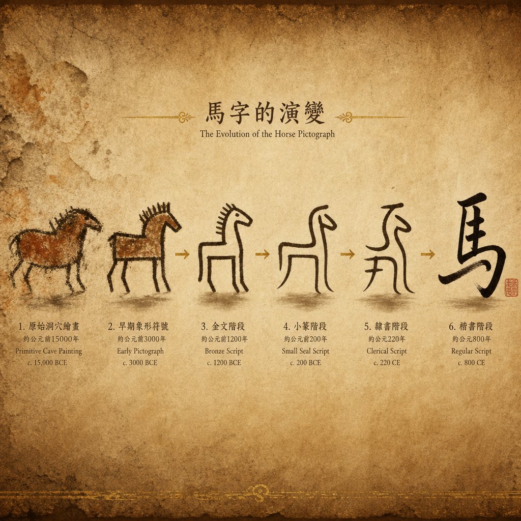 the chinese character for horse evolved from a recognizable pictograph into the modern simplified form over three millennia